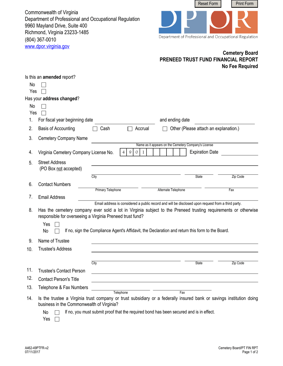 Form A462-49PTFR Preneed Trust Fund Financial Report - Virginia, Page 1
