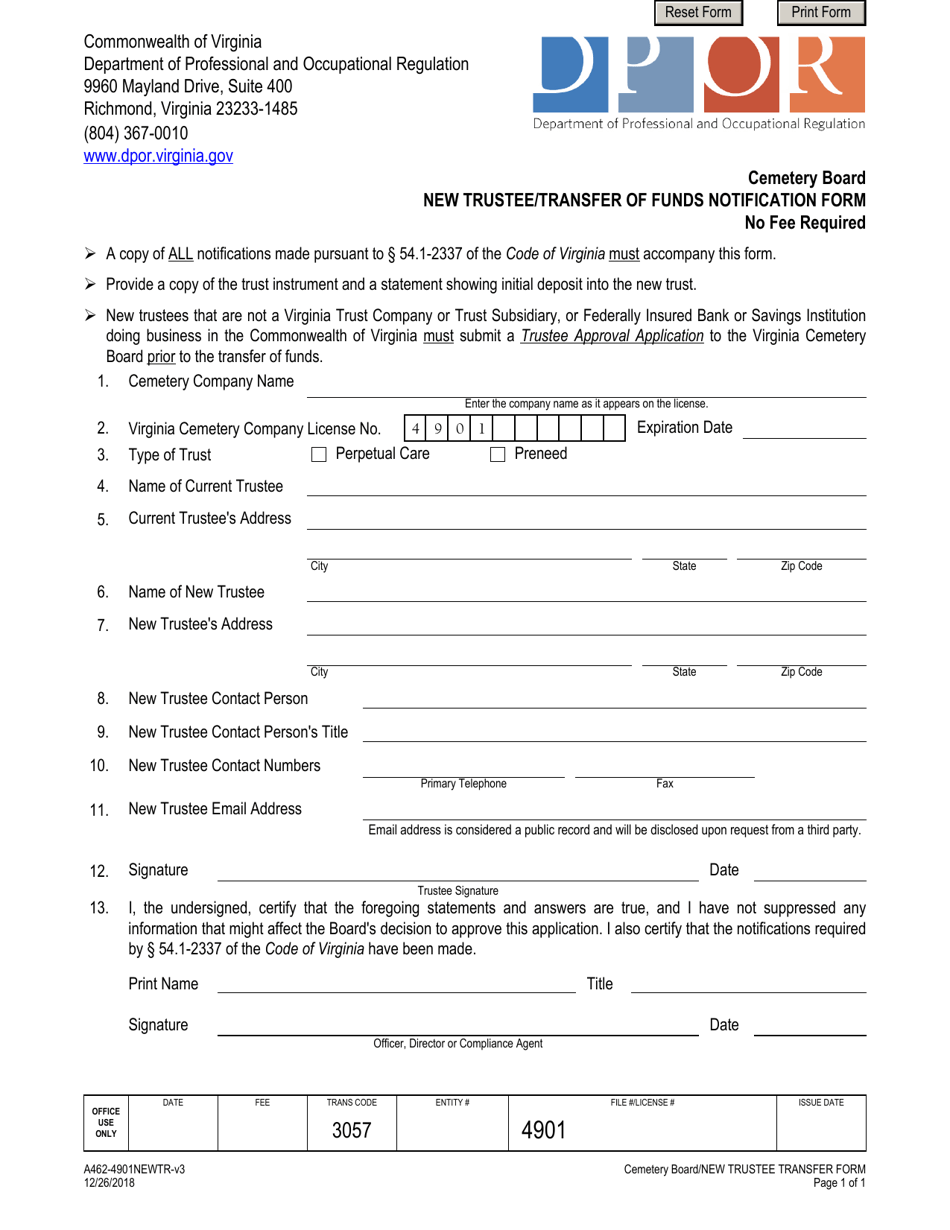 Form A462-4901NEWTR New Trustee / Transfer of Funds Notification Form - Virginia, Page 1