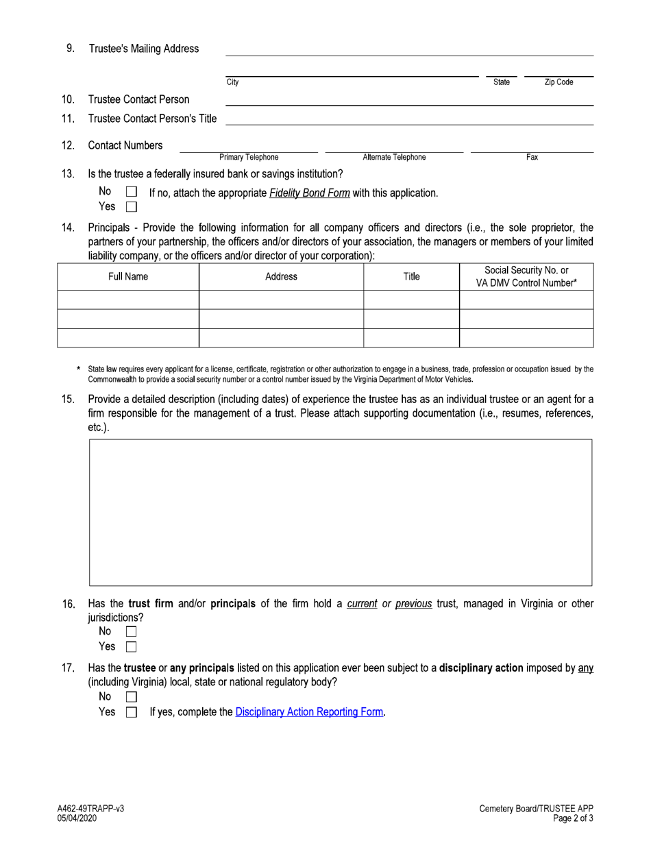 Form A462-49TRAPP Trustee Approval Application - Virginia, Page 2