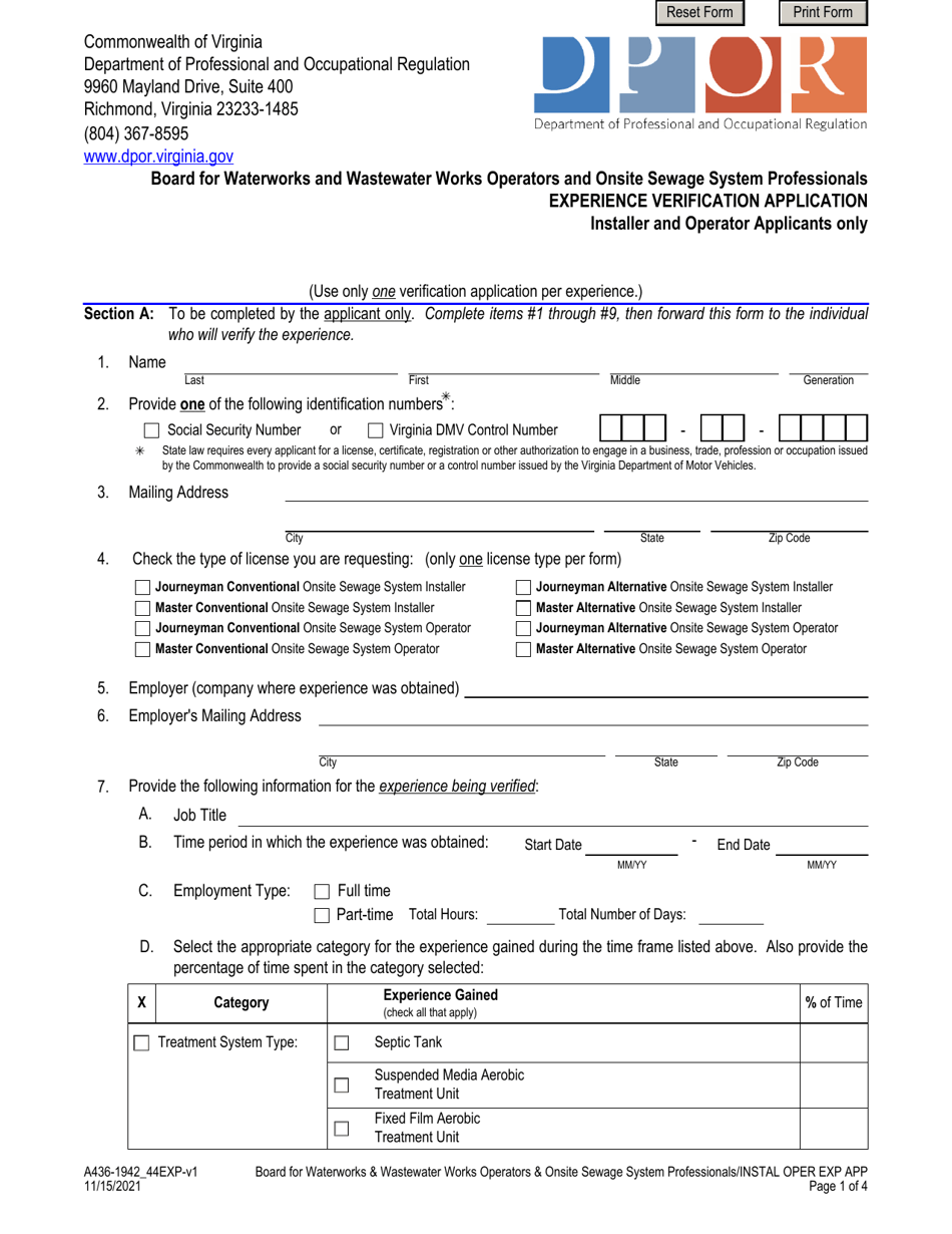 Form A436-1942_44EXP Experience Verification Application - Installer and Operator Applicants Only - Virginia, Page 1