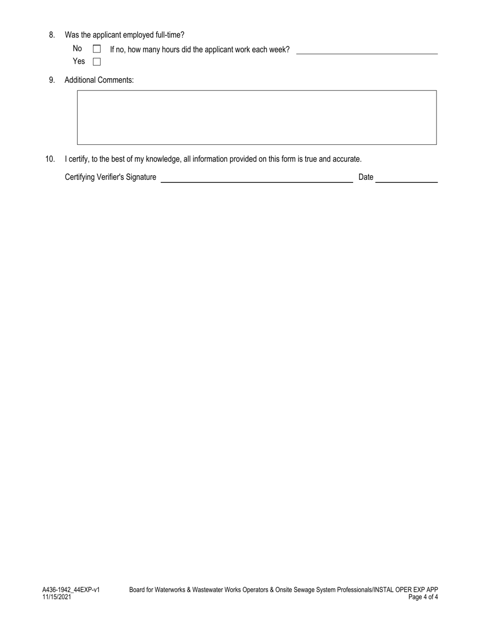 Form A436-1942_44EXP Experience Verification Application - Installer and Operator Applicants Only - Virginia, Page 4