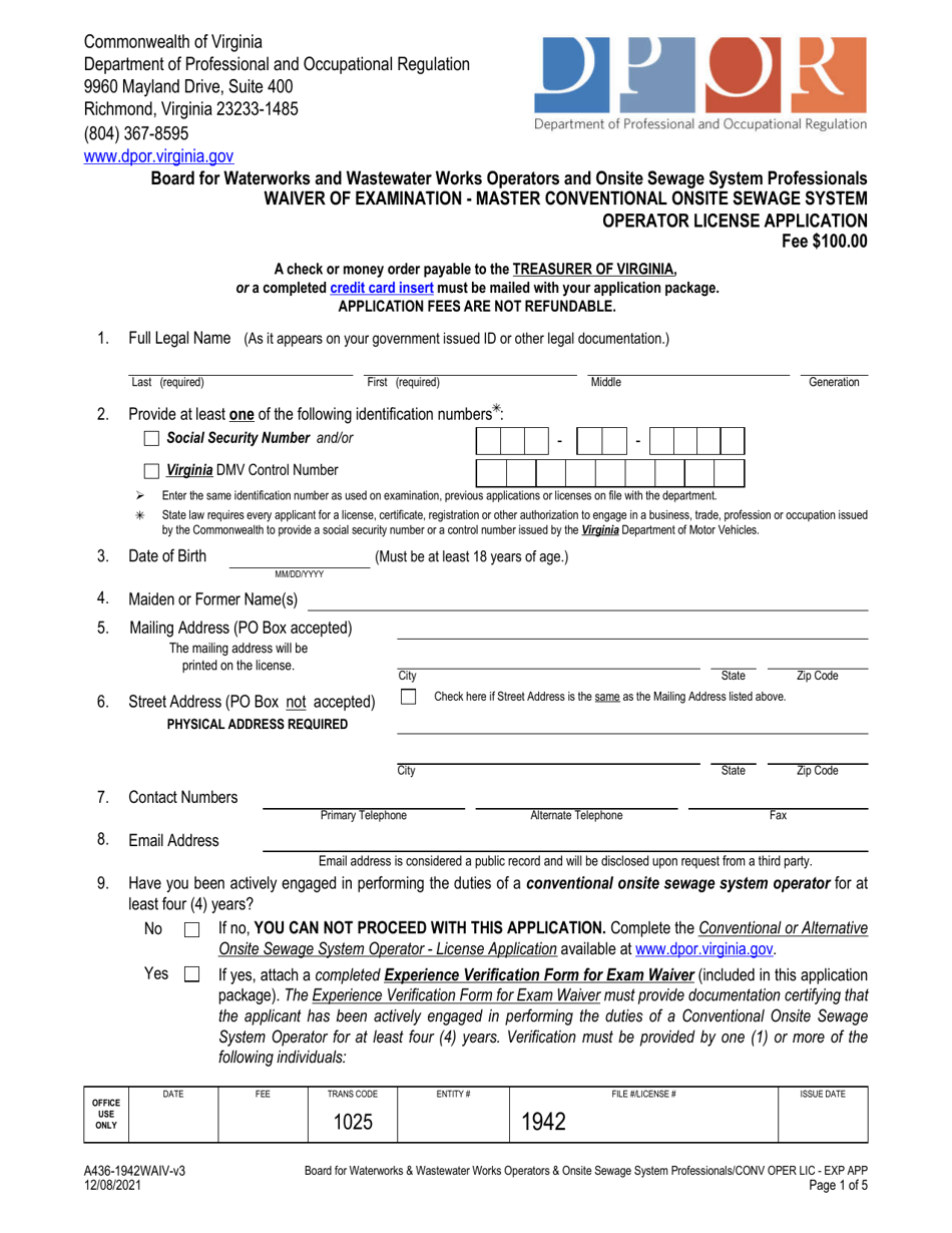 Form A436-1942WAIV Waiver of Examination - Master Conventional Onsite Sewage System Operator License Application - Virginia, Page 1