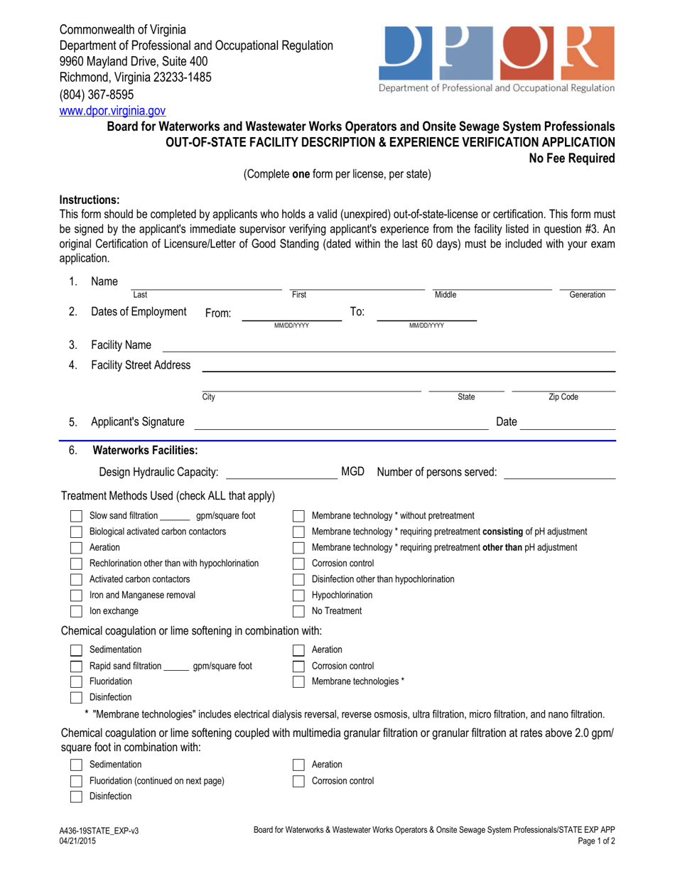 Form A436-19STATE_EXP Out-of-State Facility Description  Experience Verification Application - Virginia, Page 1