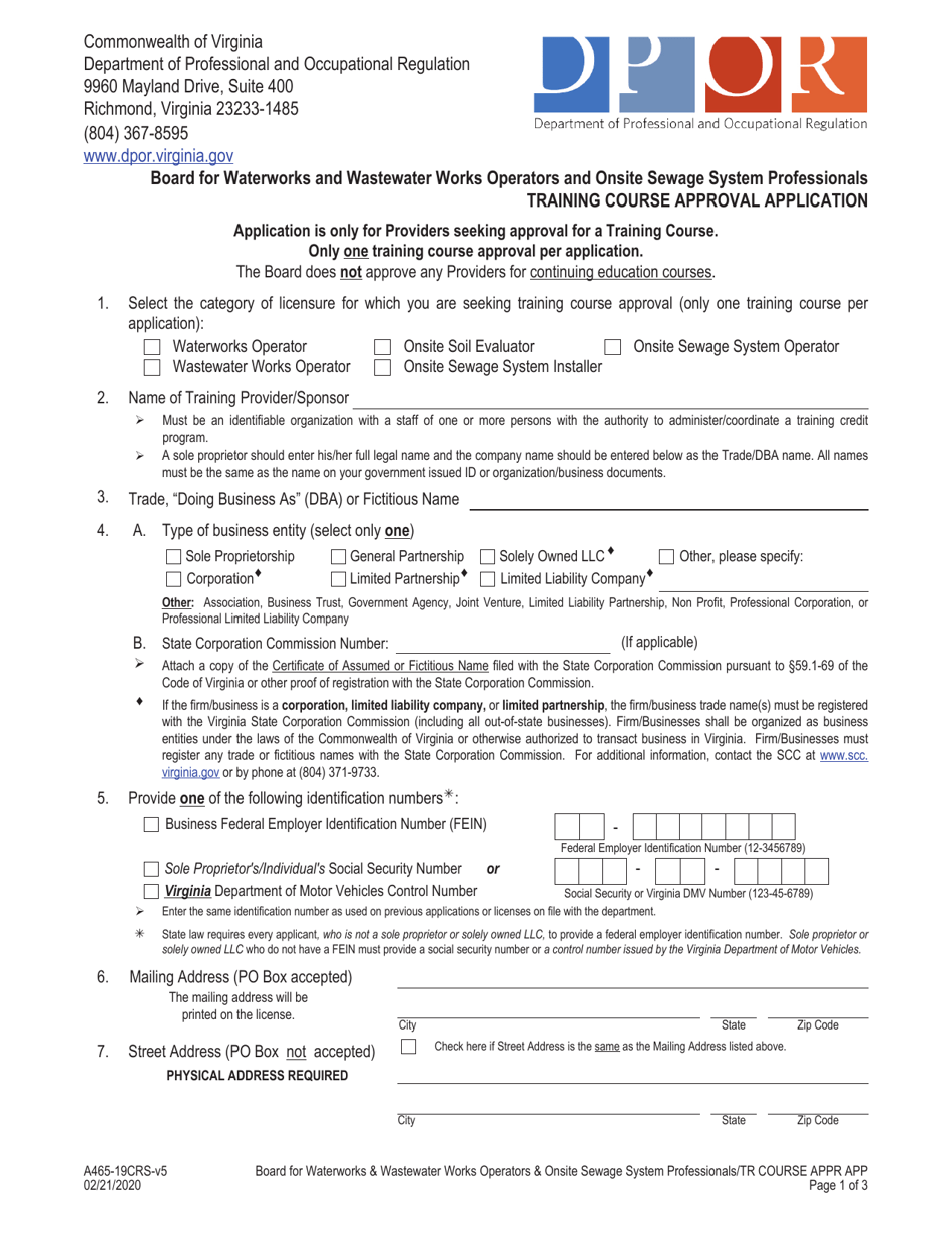 Form A465-19CRS Training Course Approval Application - Virginia, Page 1