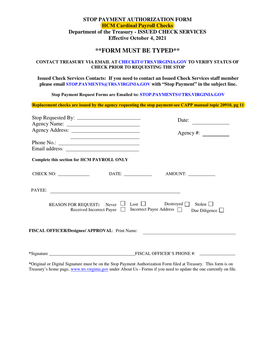 Stop Payment Authorization Form - Hcm Cardinal Payroll Checks - Virginia, Page 1