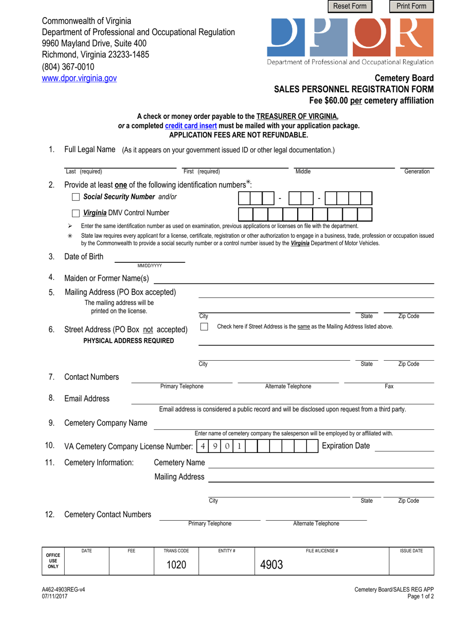 Form A462-4903REG Sales Personnel Registration Form - Virginia, Page 1