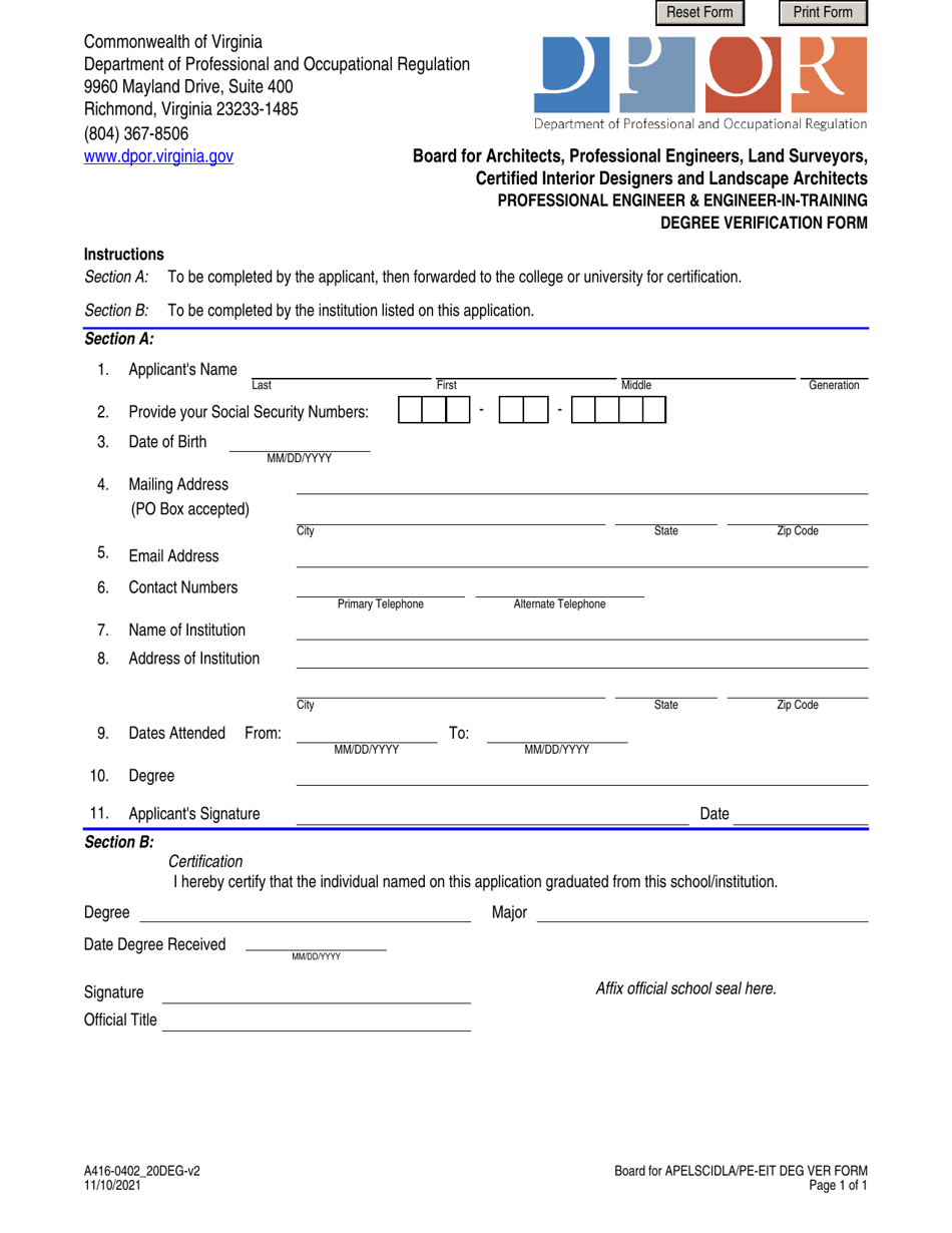 Form A416-0402_20DEG Professional Engineer  Engineer-In-training Degree Verification Form - Virginia, Page 1
