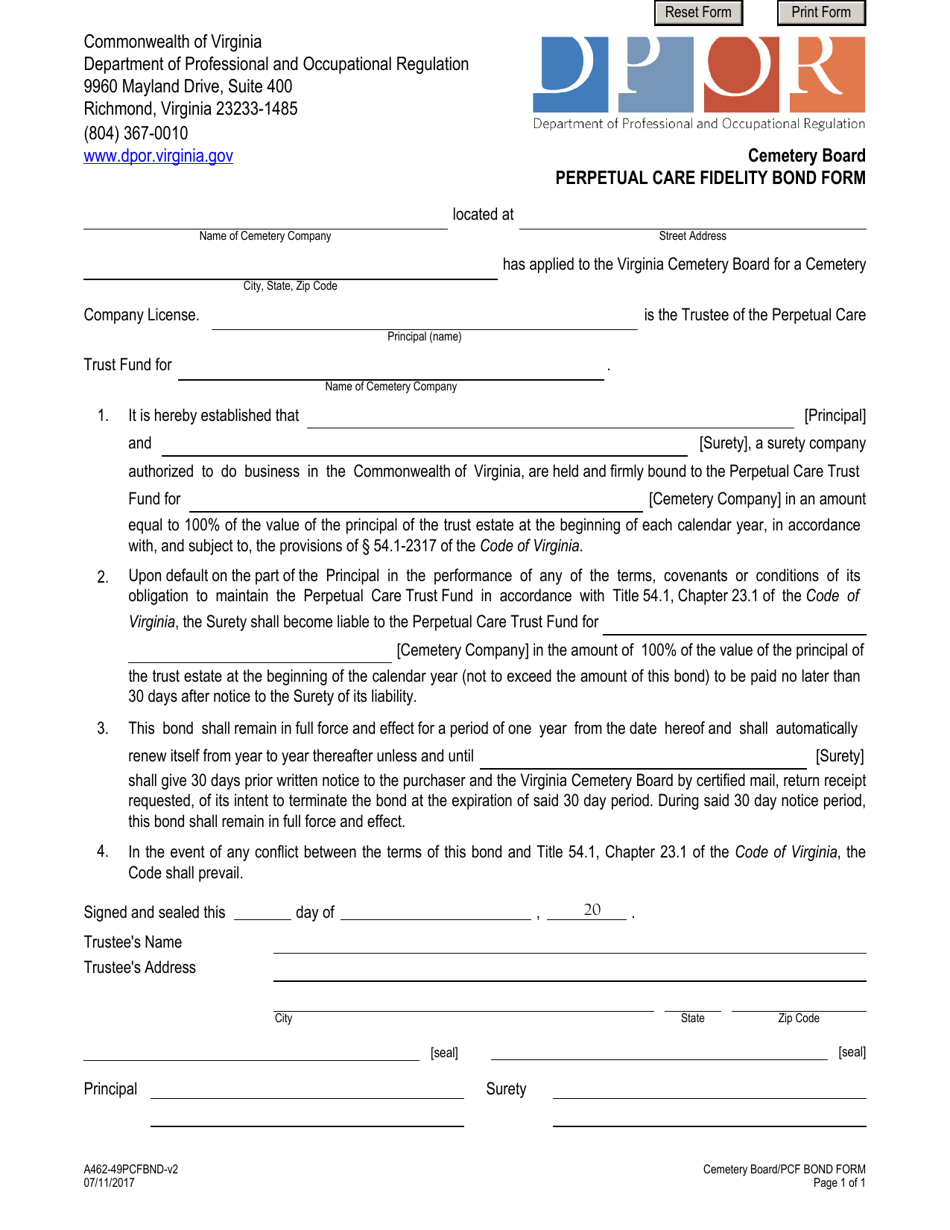 Form A462-49PCFBND Perpetual Care Fidelity Bond Form - Virginia, Page 1