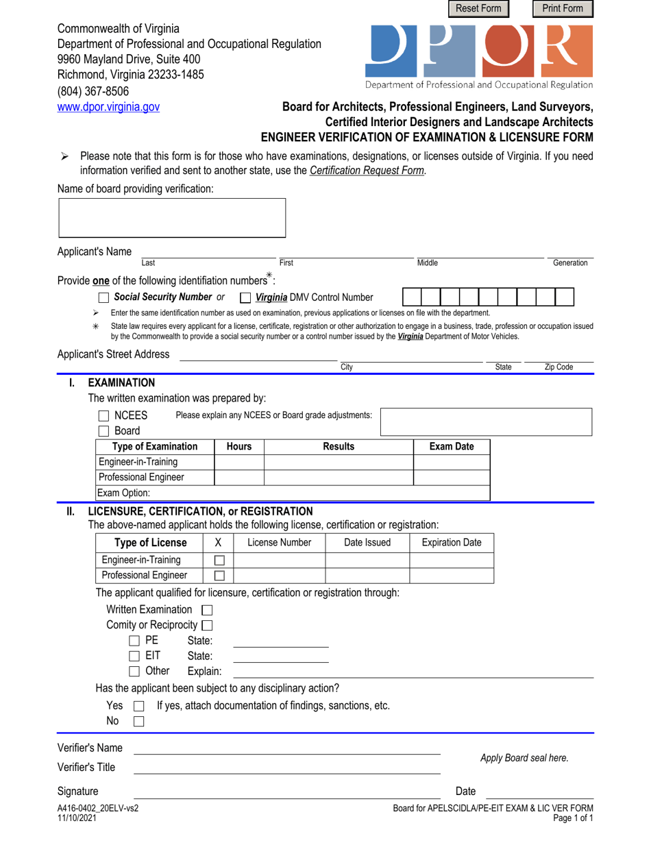 Form A416-0402_20ELV Engineer Verification of Examination  Licensure Form - Virginia, Page 1