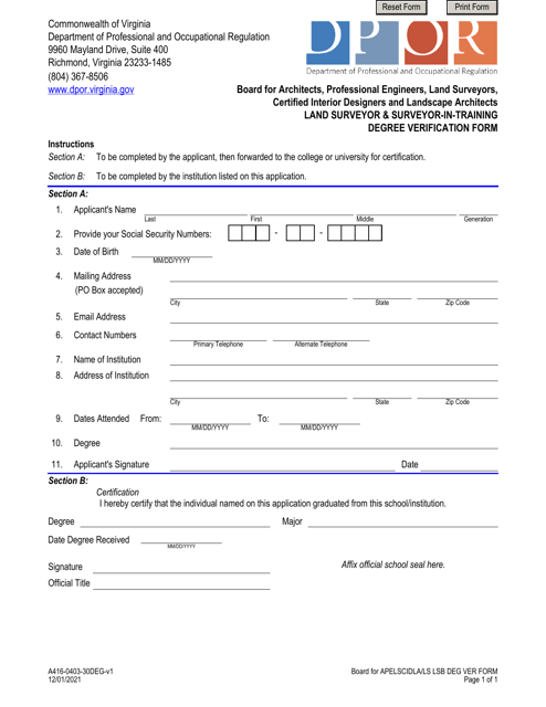 Form A416-0403-30DEG Land Surveyor & Surveyor-In-training Degree Verification Form - Virginia