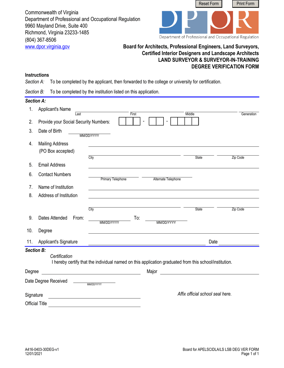Form A416-0403-30DEG Land Surveyor  Surveyor-In-training Degree Verification Form - Virginia, Page 1