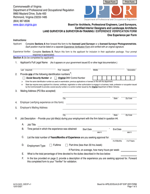 Form A416-0403_30EXP Land Surveyor & Surveyor-In-training Experience Verification Form - Virginia