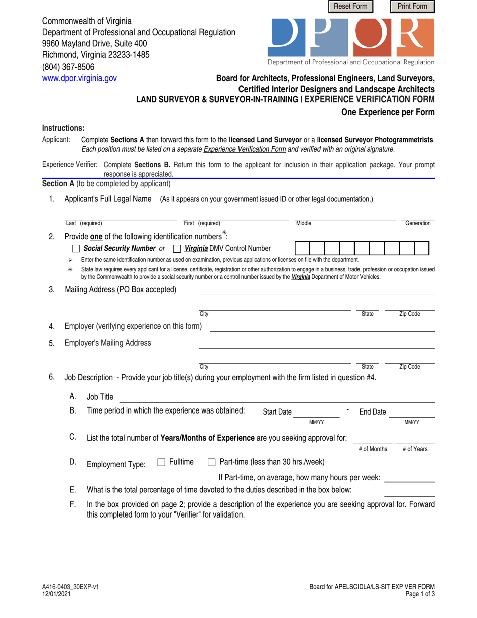 Form A416-0403_30EXP Land Surveyor  Surveyor-In-training Experience Verification Form - Virginia, Page 1