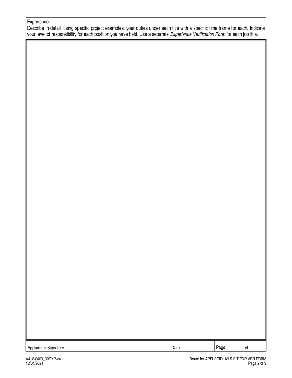 Form A416-0403_30EXP Land Surveyor  Surveyor-In-training Experience Verification Form - Virginia, Page 2