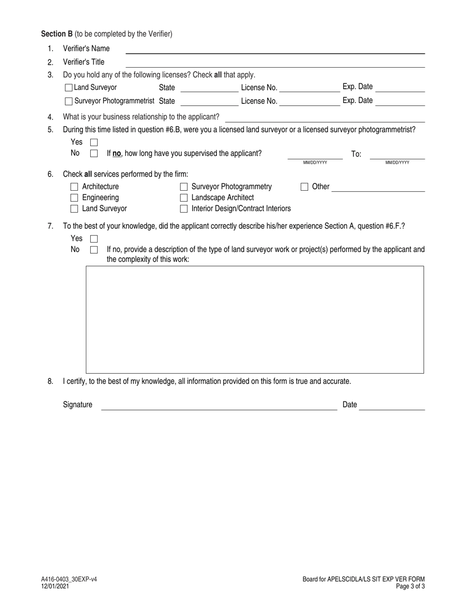 Form A416-0403_30EXP Land Surveyor  Surveyor-In-training Experience Verification Form - Virginia, Page 3