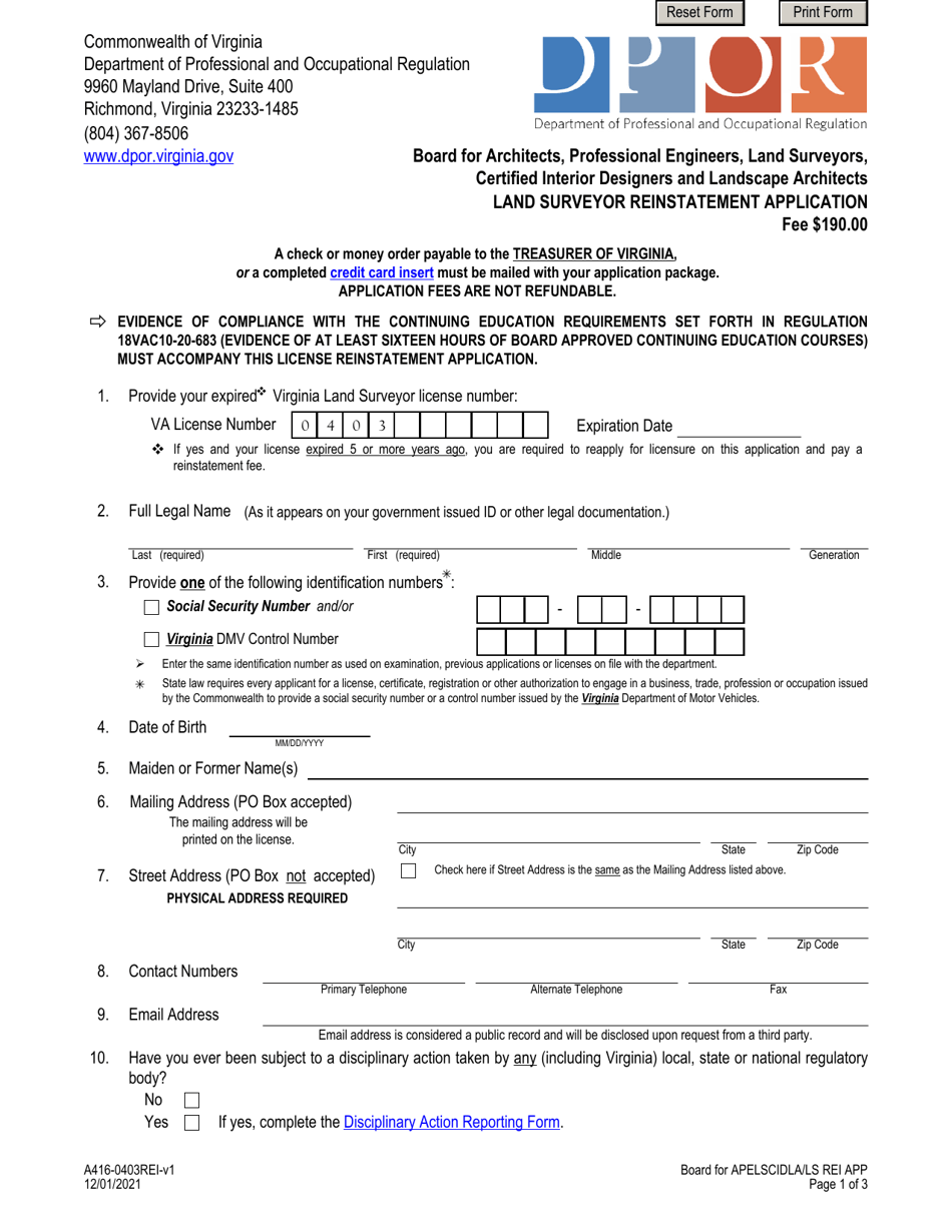 Form A416-0403REI Land Surveyor Reinstatement Application - Virginia, Page 1