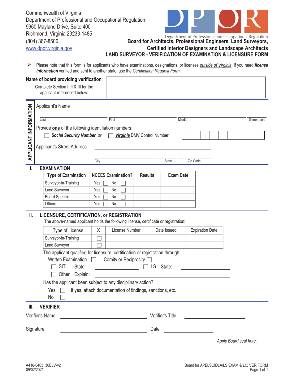 Form A416-0403_30ELV Land Surveyor - Verification of Examination  Licensure Form - Virginia, Page 1