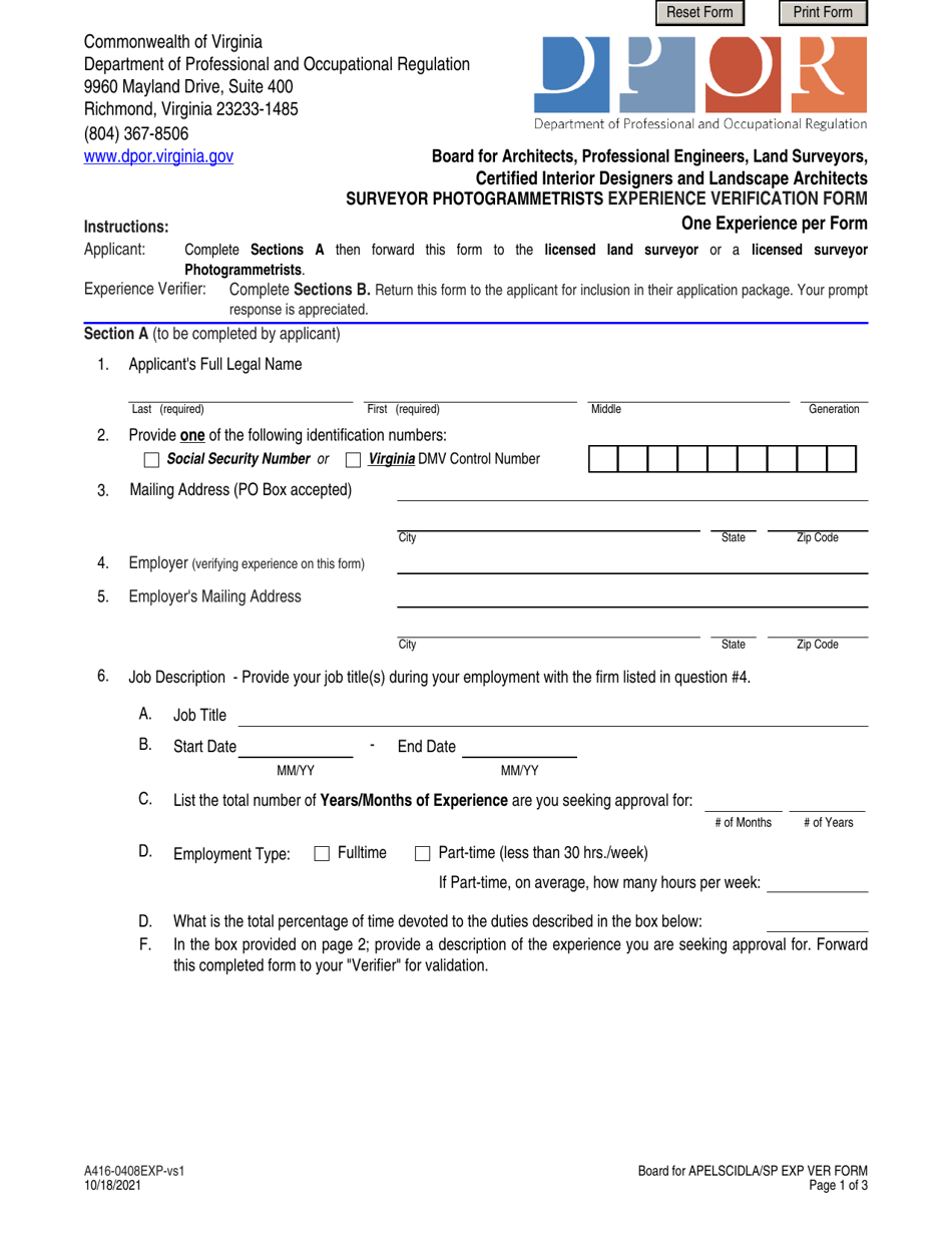 Form A416-0408EXP Surveyor Photogrammetrists Experience Verification Form - Virginia, Page 1