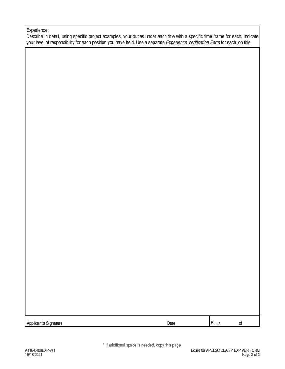 Form A416-0408EXP Surveyor Photogrammetrists Experience Verification Form - Virginia, Page 2