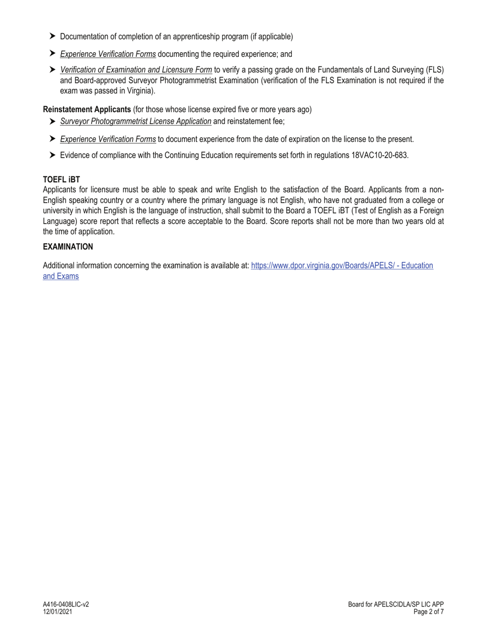 Form A416-0408LIC Surveyor Photogrammetrist License Application - Virginia, Page 2