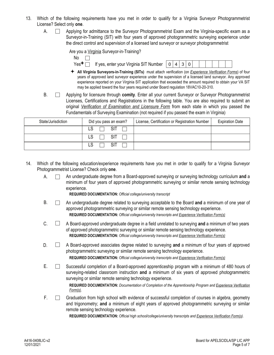 Form A416-0408LIC Surveyor Photogrammetrist License Application - Virginia, Page 5
