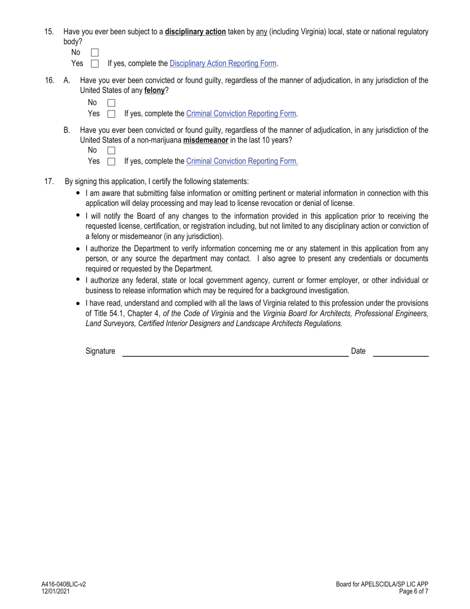 Form A416-0408LIC Surveyor Photogrammetrist License Application - Virginia, Page 6