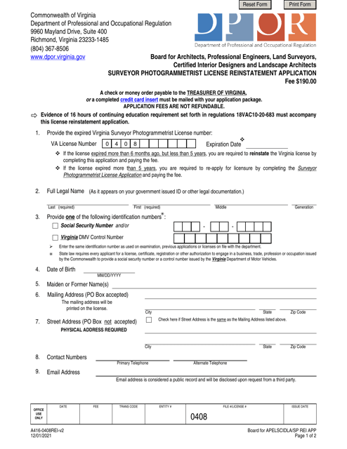 Form A416-0408REI Surveyor Photogrammetrist License Reinstatement Application - Virginia