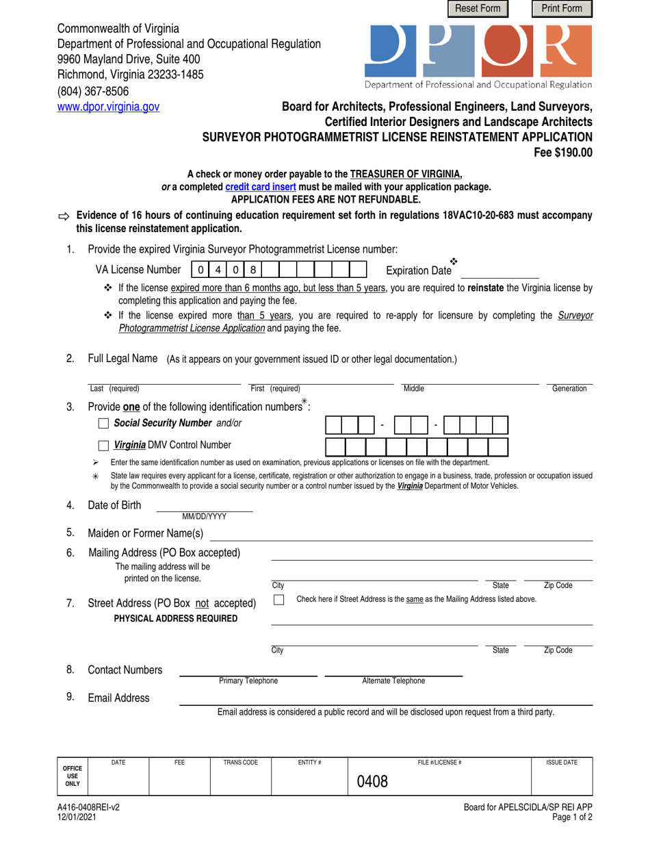 Form A416-0408REI Surveyor Photogrammetrist License Reinstatement Application - Virginia, Page 1