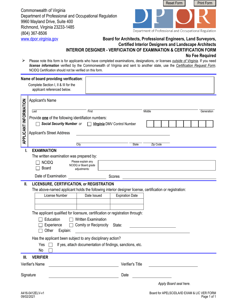 Form A416-0412ELV Interior Designer - Verficiation of Examination  Certification Form - Virginia, Page 1
