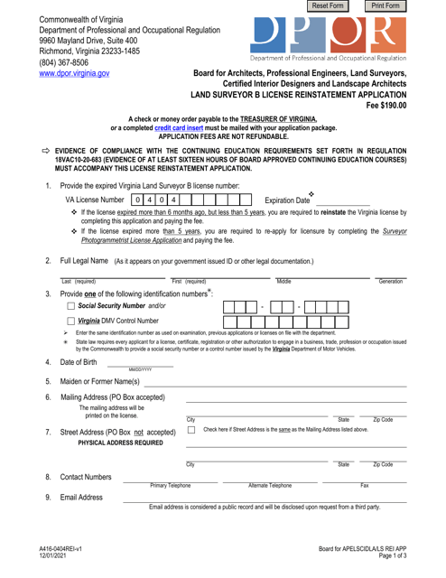 Form A416-0404REI Land Surveyor B License Reinstatement Application - Virginia