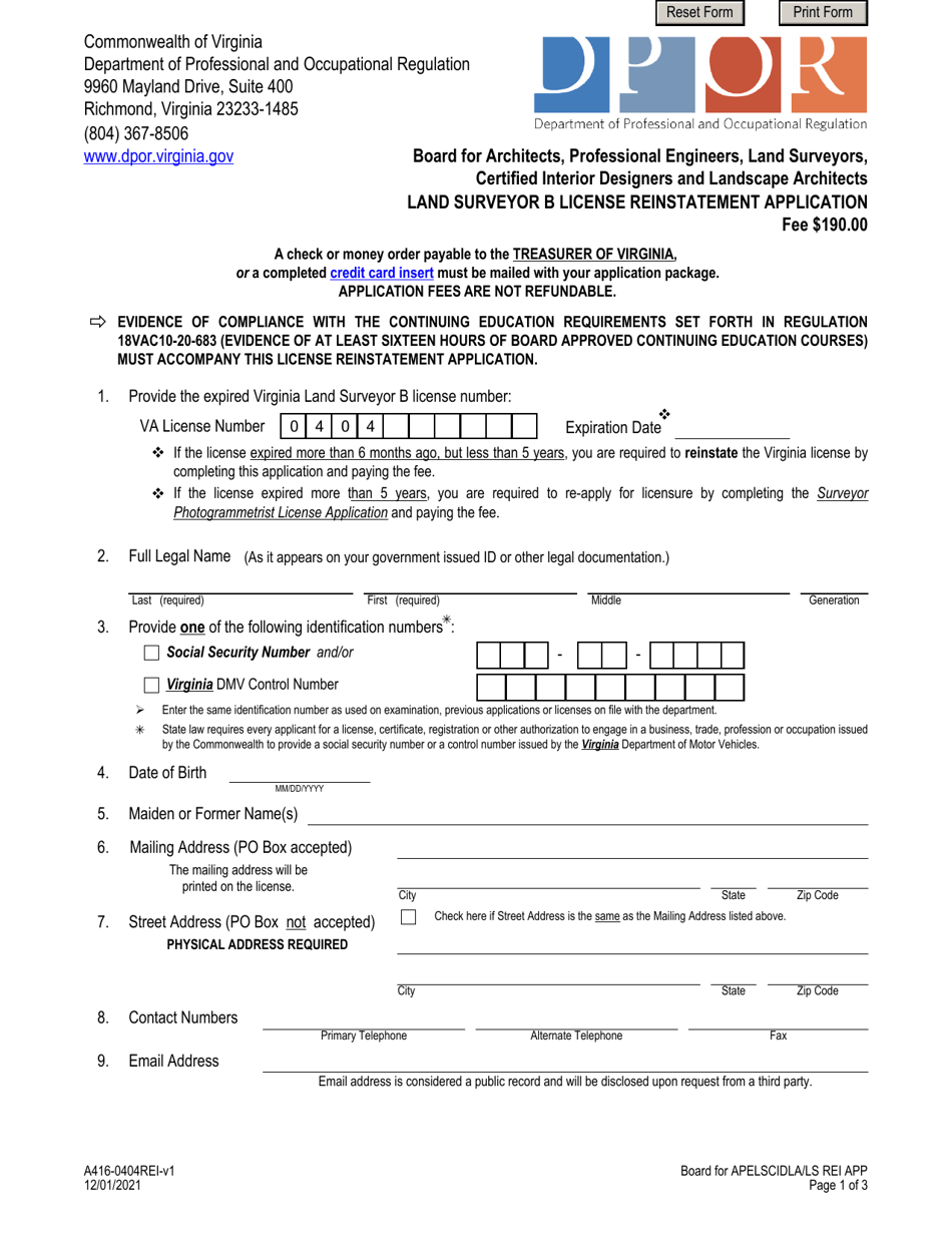 Form A416-0404REI Land Surveyor B License Reinstatement Application - Virginia, Page 1