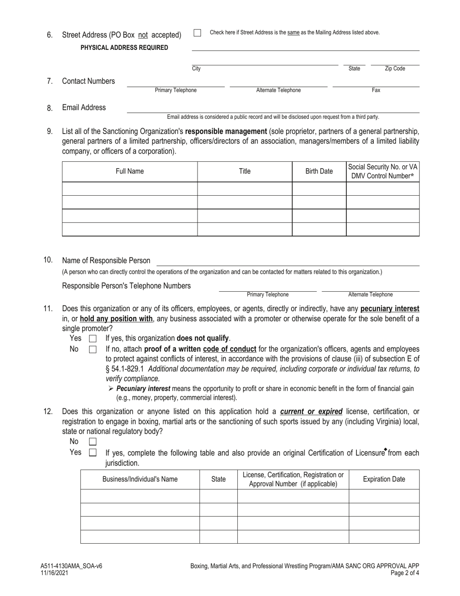 Form A511-4130AMA_SOA Amateur Martial Arts - Sanctioning Organization Approval Application - Virginia, Page 2
