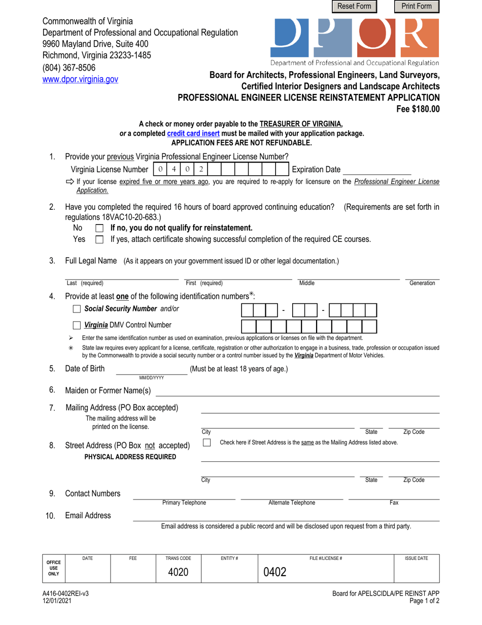 Form A416-0402REI Professional Engineer License Reinstatement Application - Virginia, Page 1