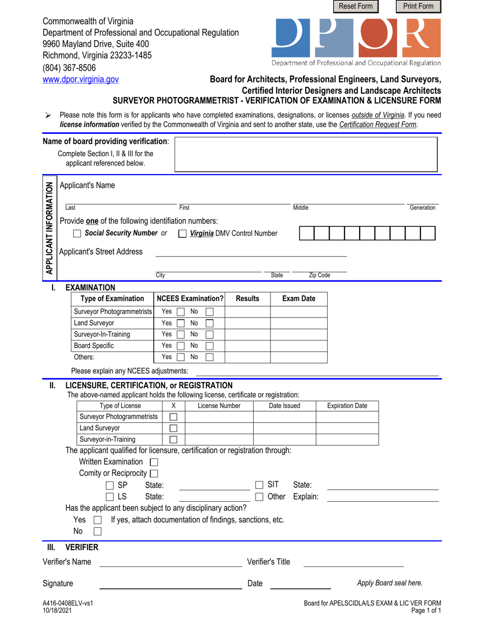Form A416-0408ELV Surveyor Photogrammetrist - Verification of Examination and Licensure Form - Virginia, Page 1