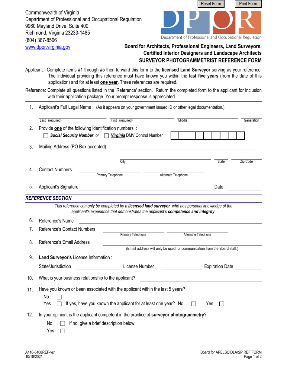 Form A416-0408REF Surveyor Photogrammetrist Reference Form - Virginia, Page 1