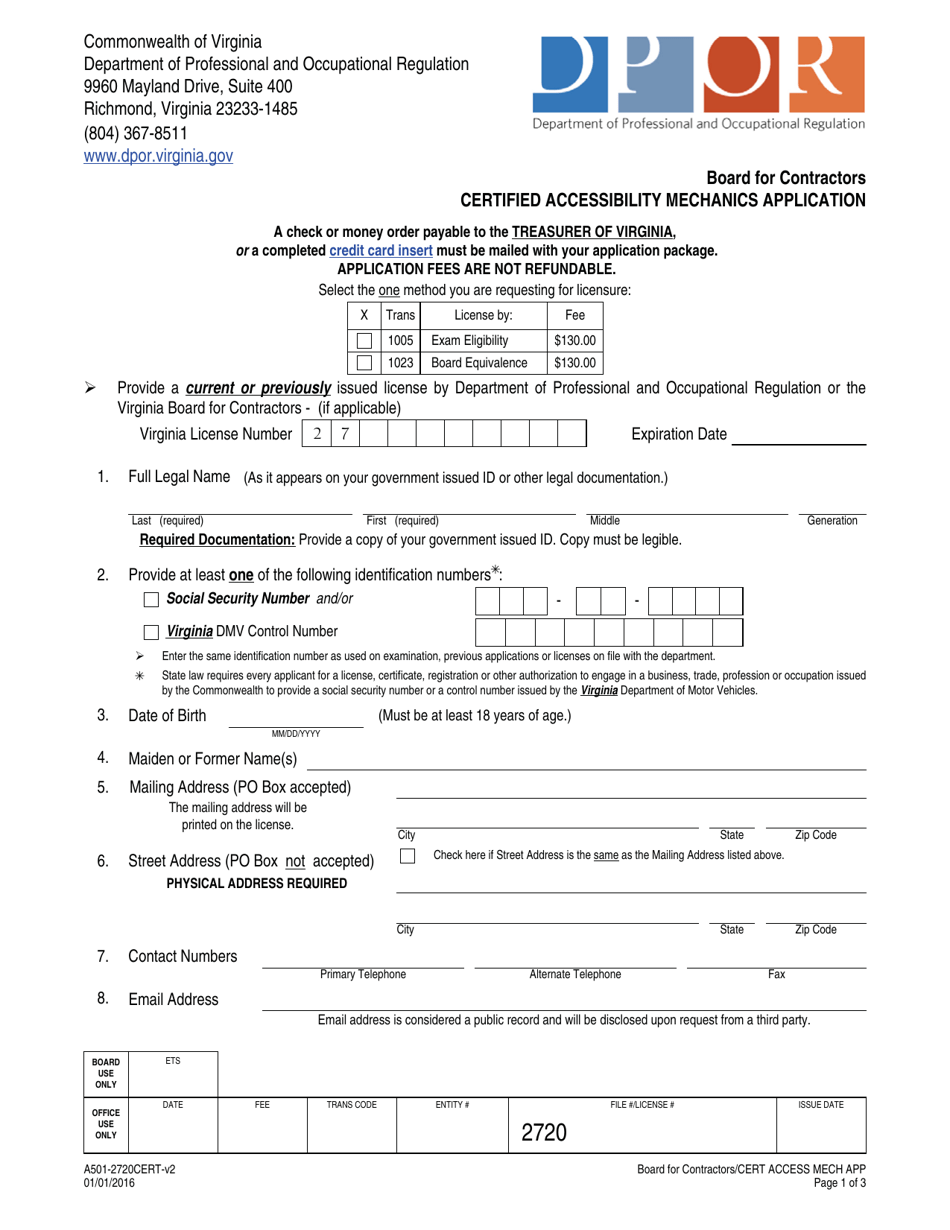 Form A501-2720CERT Certified Accessibility Mechanics Application - Virginia, Page 1