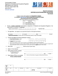 Document preview: Form A501-2718CERT Certified Elevator Mechanic Application - Virginia