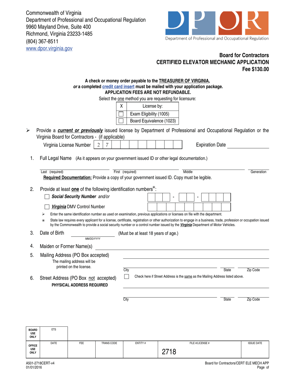 Form A501-2718CERT Certified Elevator Mechanic Application - Virginia, Page 1