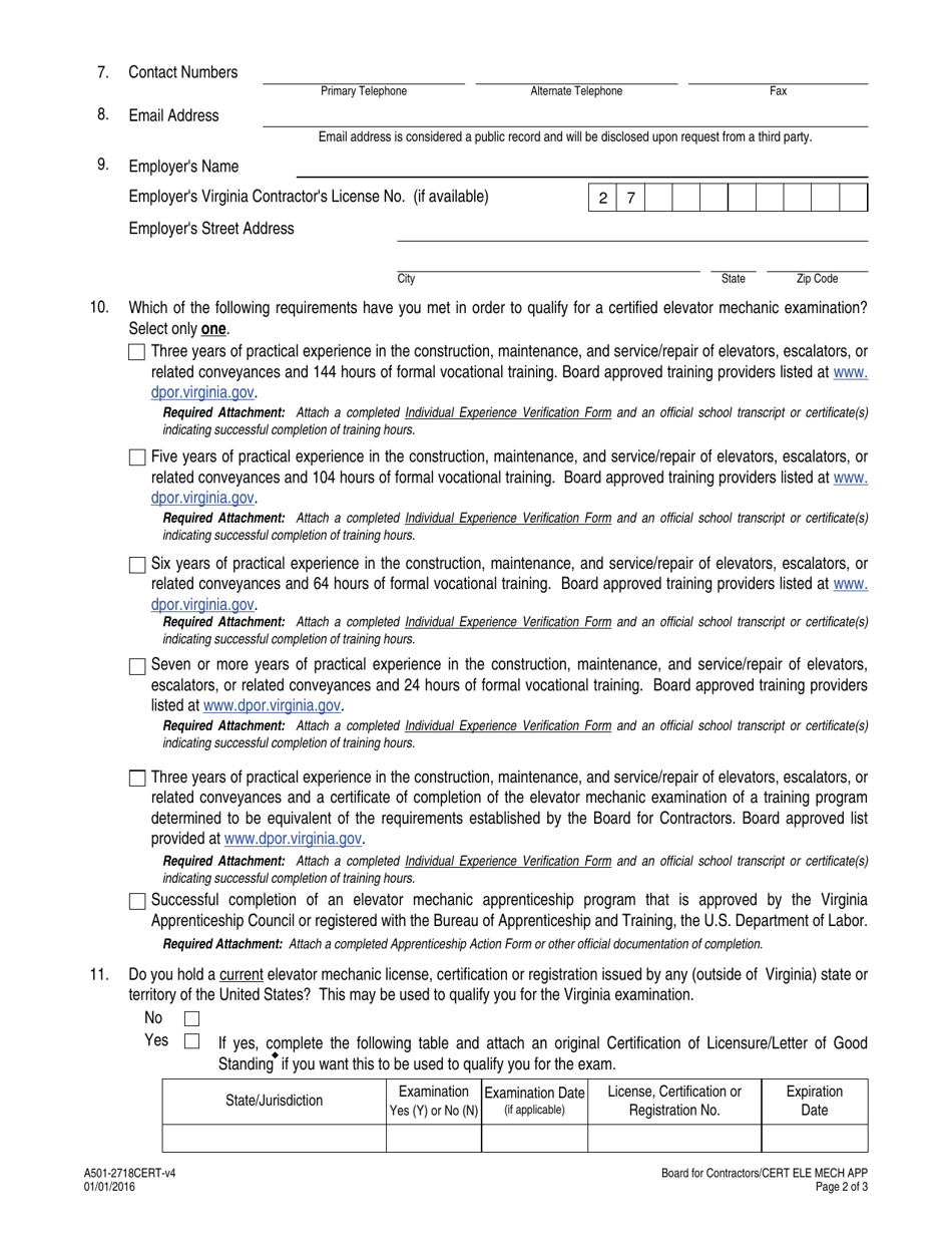 Form A501-2718CERT Certified Elevator Mechanic Application - Virginia, Page 2