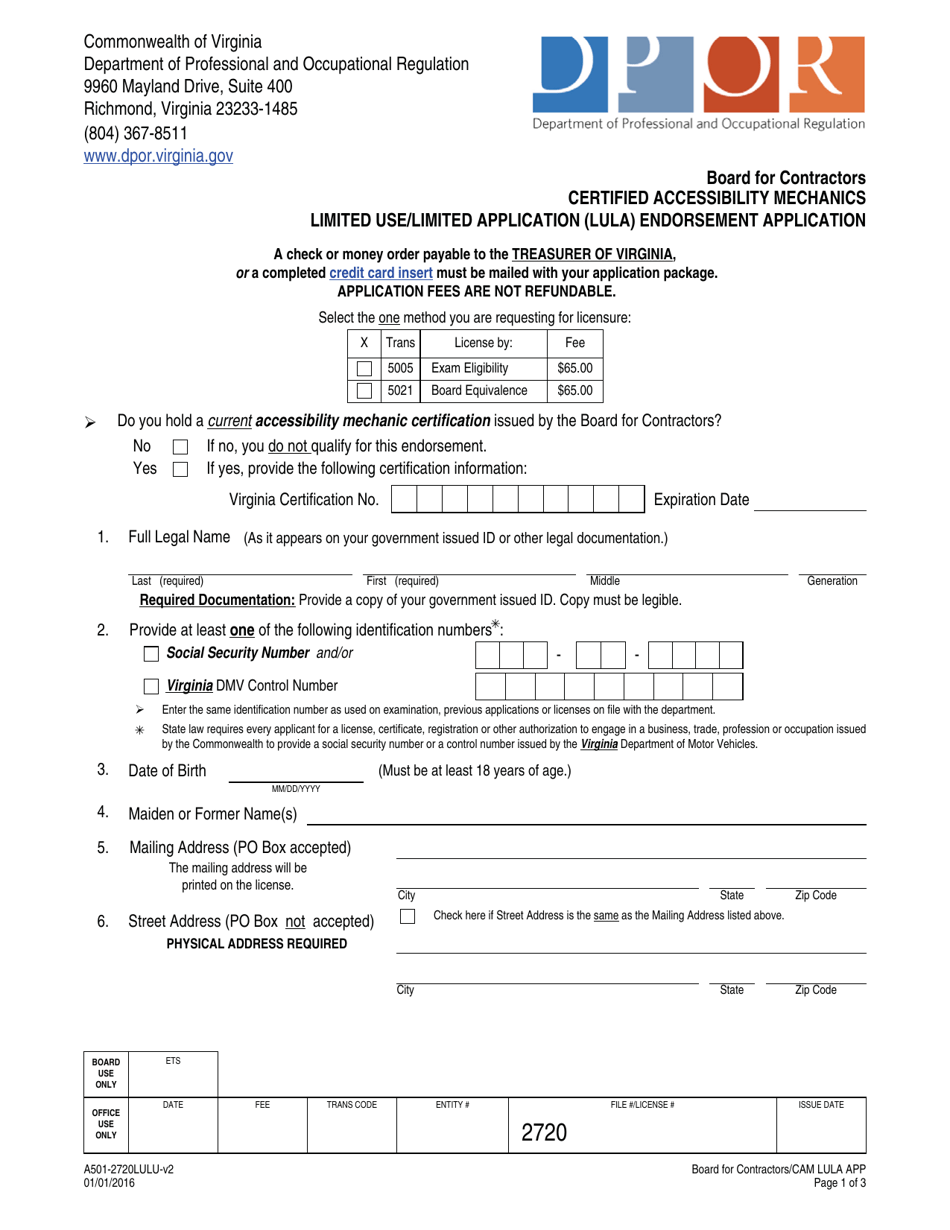 Form A501-2720LULU Certified Accessibility Mechanics Limited Use / Limited Application (Lula) Endorsement Application - Virginia, Page 1