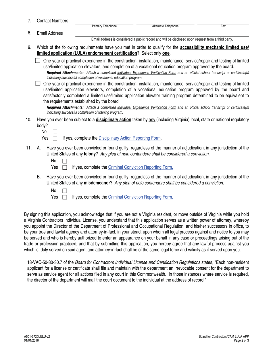 Form A501-2720LULU Certified Accessibility Mechanics Limited Use / Limited Application (Lula) Endorsement Application - Virginia, Page 2