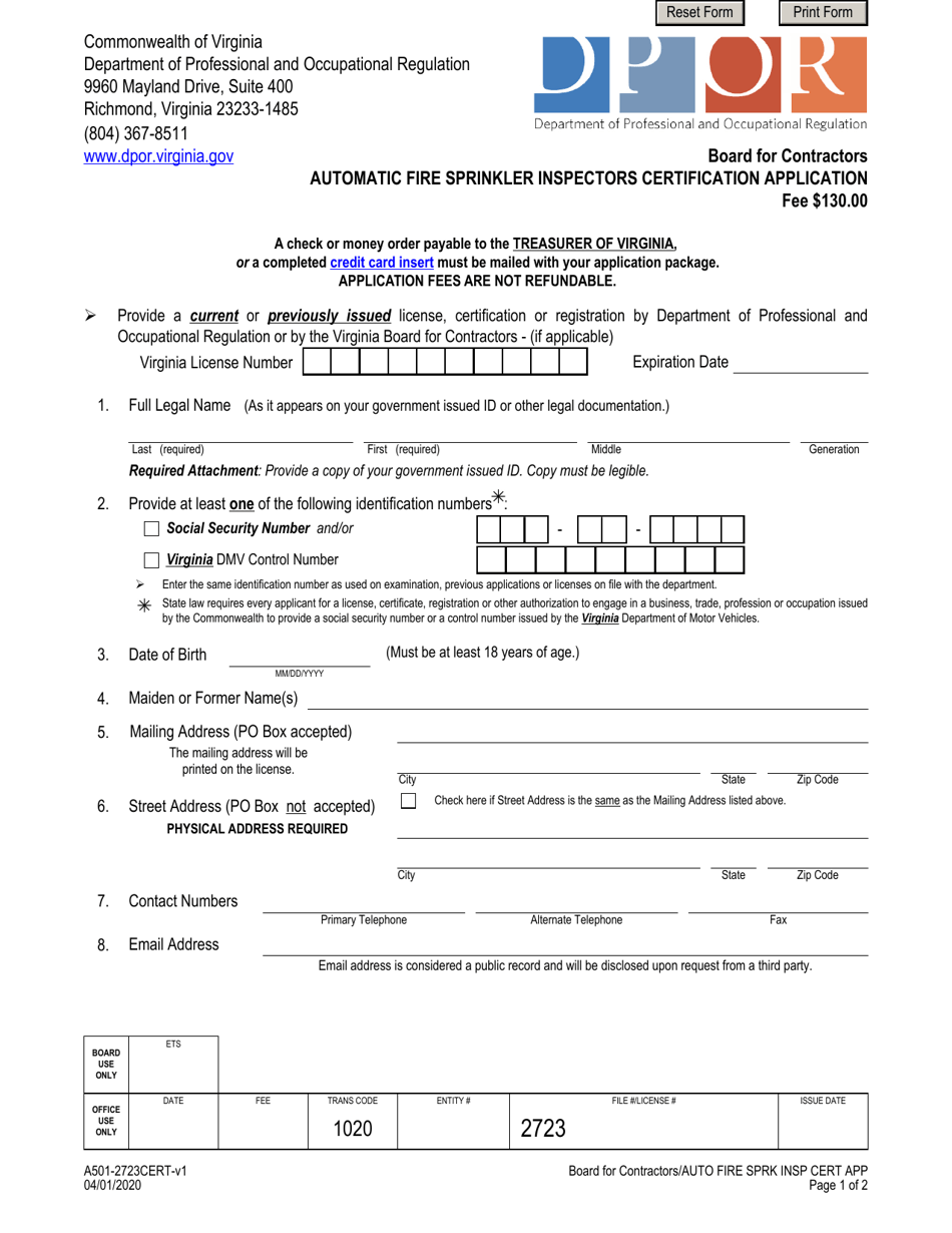 Form A501-2723CERT Automatic Fire Sprinkler Inspectors Certification Application - Virginia, Page 1