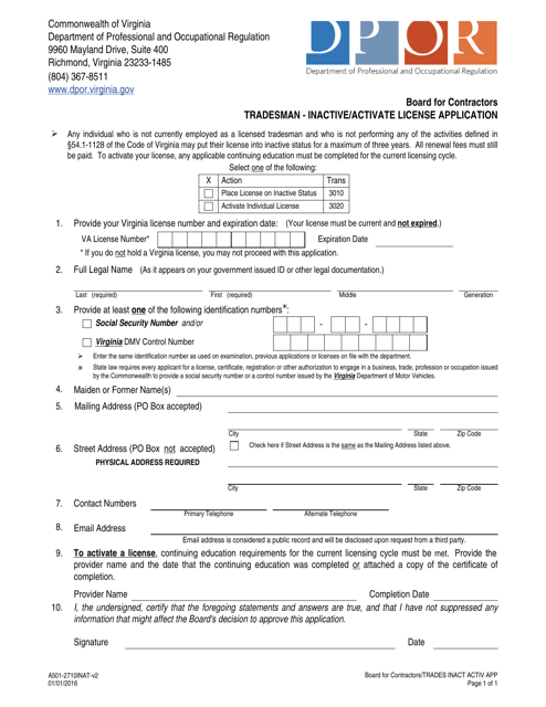 Form A501-2710INAT Tradesman - Inactive/Activate License Application - Virginia