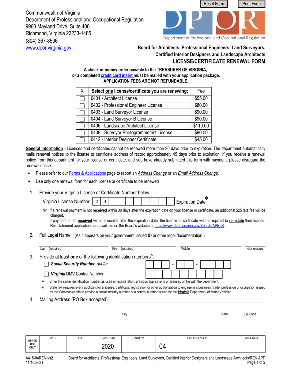 Form A415-04REN Certified Interior Designers and Landscape Architects License / Certificate Renewal Form - Virginia, Page 1