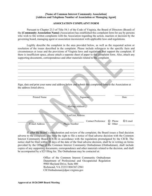 Association Complaint Form - Sample - Virginia