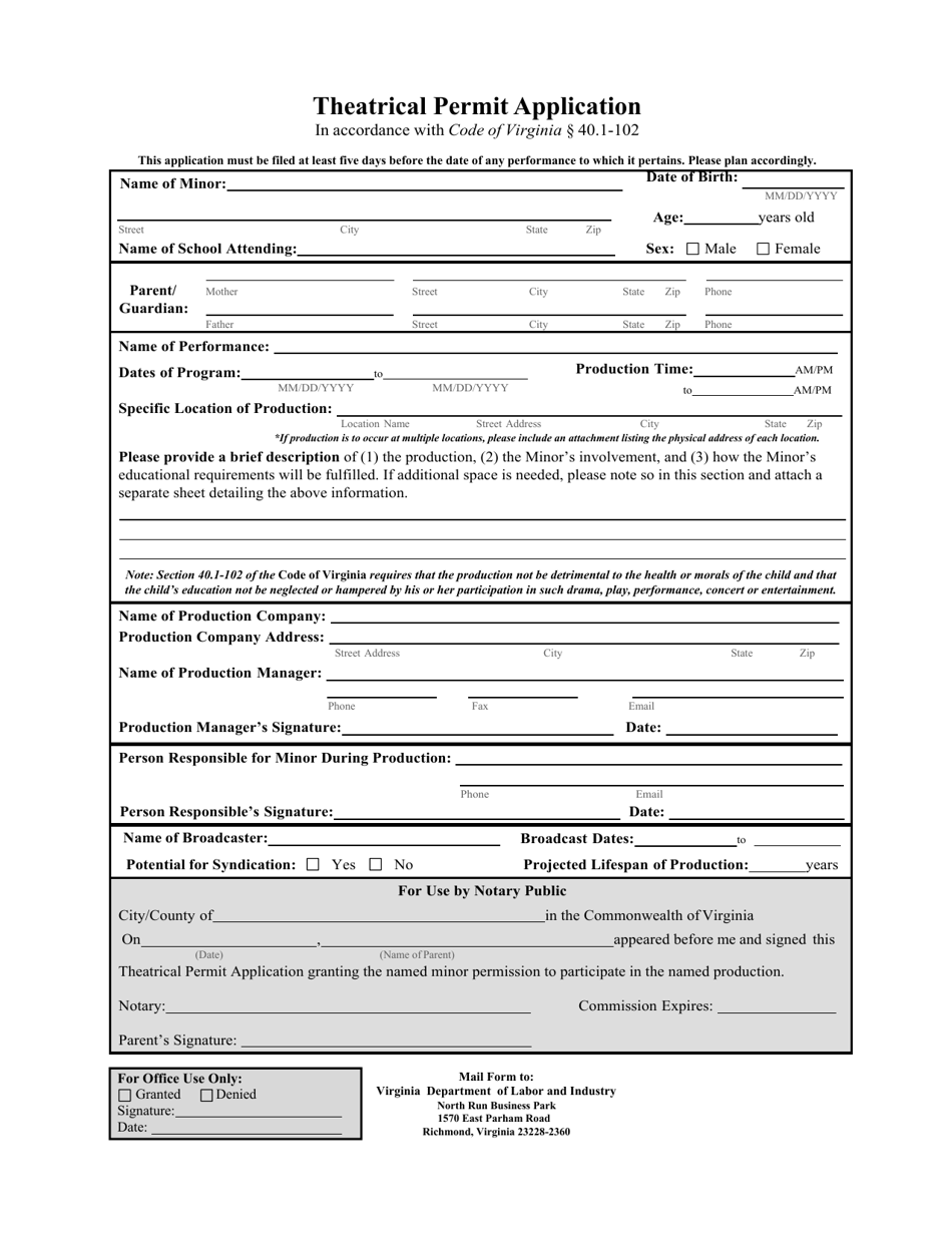 Theatrical Permit Application - Virginia, Page 1