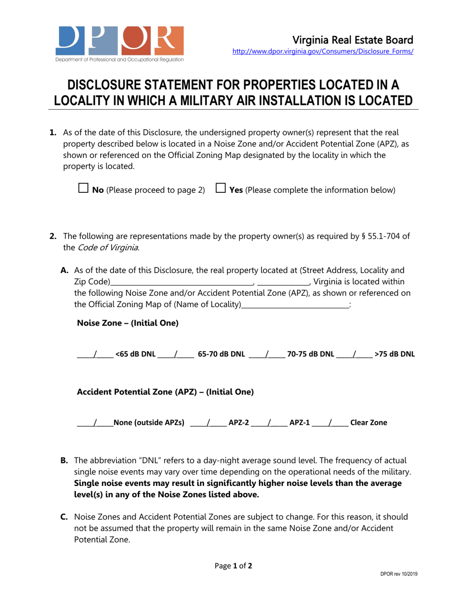Disclosure Statement for Properties Located in a Locality in Which a Military Air Installation Is Located - Virginia, Page 1