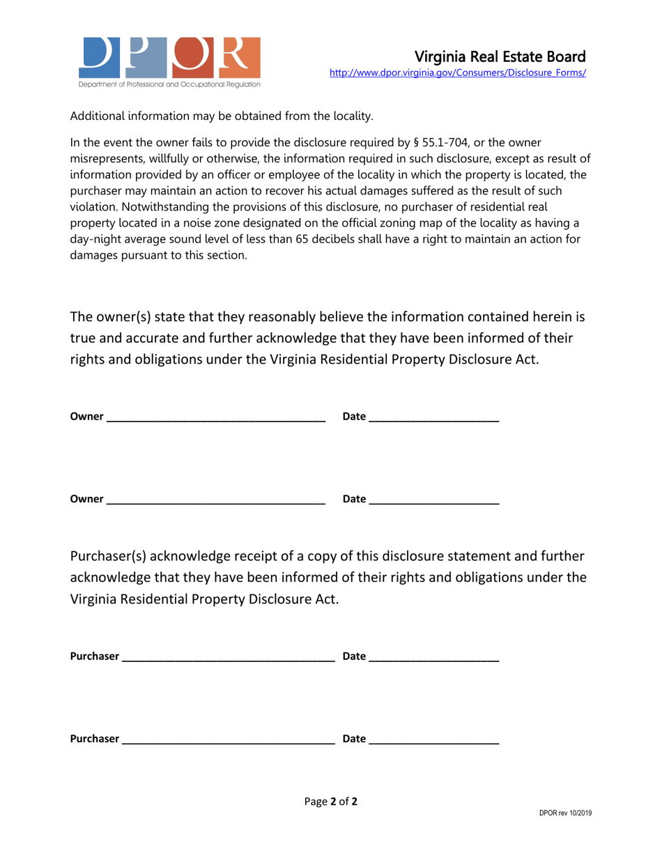 Disclosure Statement for Properties Located in a Locality in Which a Military Air Installation Is Located - Virginia, Page 2
