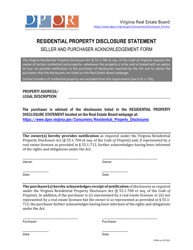 Document preview: Residential Property Disclosure Statement Seller and Purchaser Acknowledgement Form - Virginia