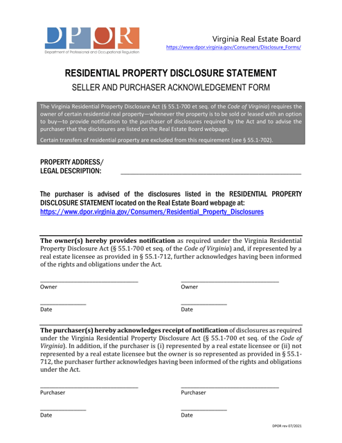 Residential Property Disclosure Statement Seller and Purchaser Acknowledgement Form - Virginia Download Pdf